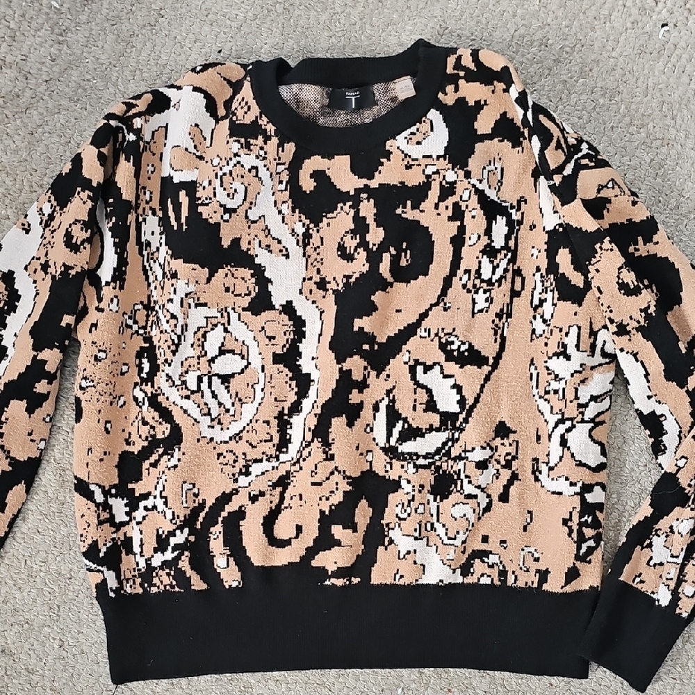 Tahari Black and Tan Patterned Crewneck Sweater Size XL